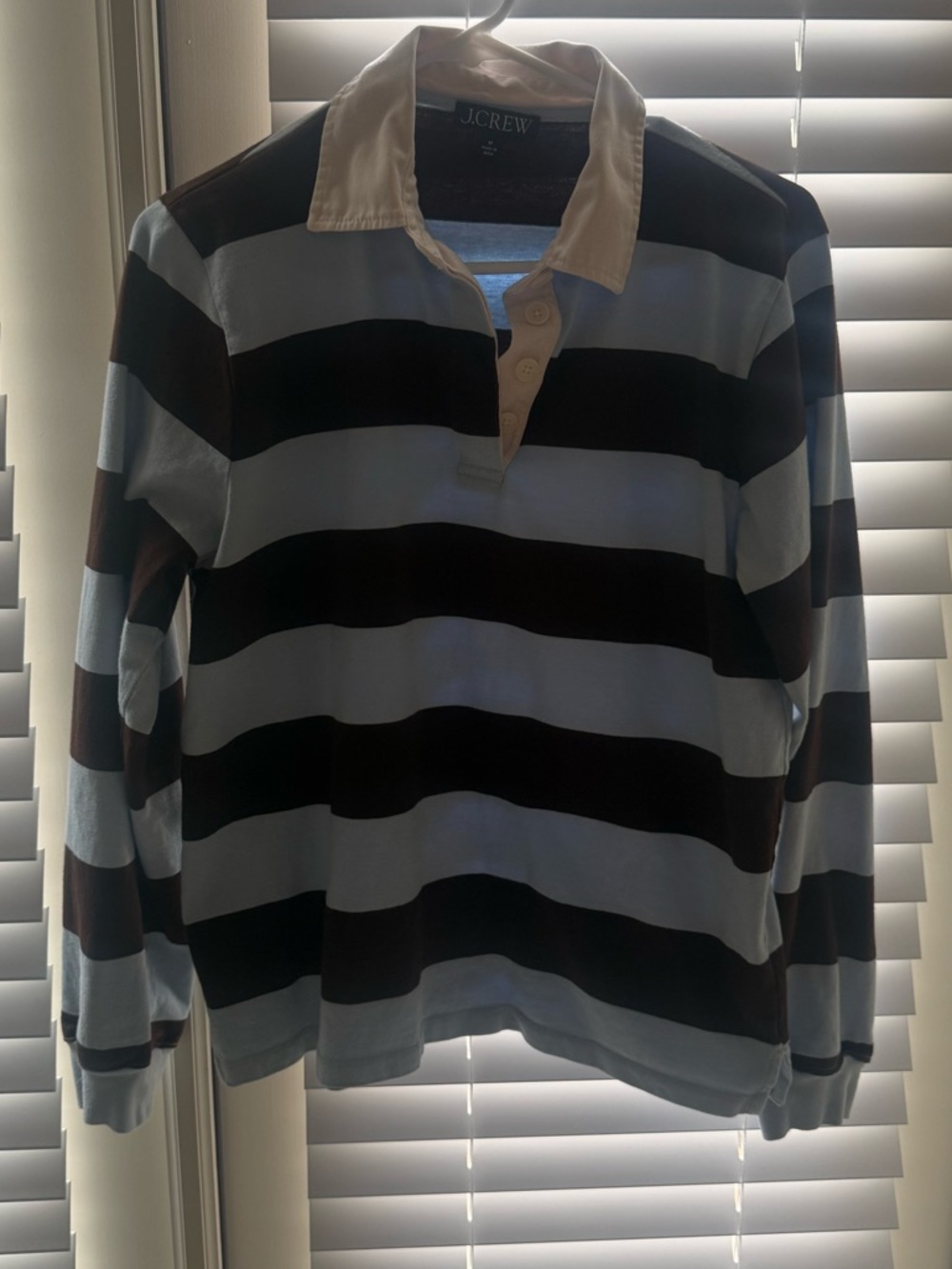 J.Crew Long Sleeve Rugby Stripe Polo in Light Blue and Dark Brown